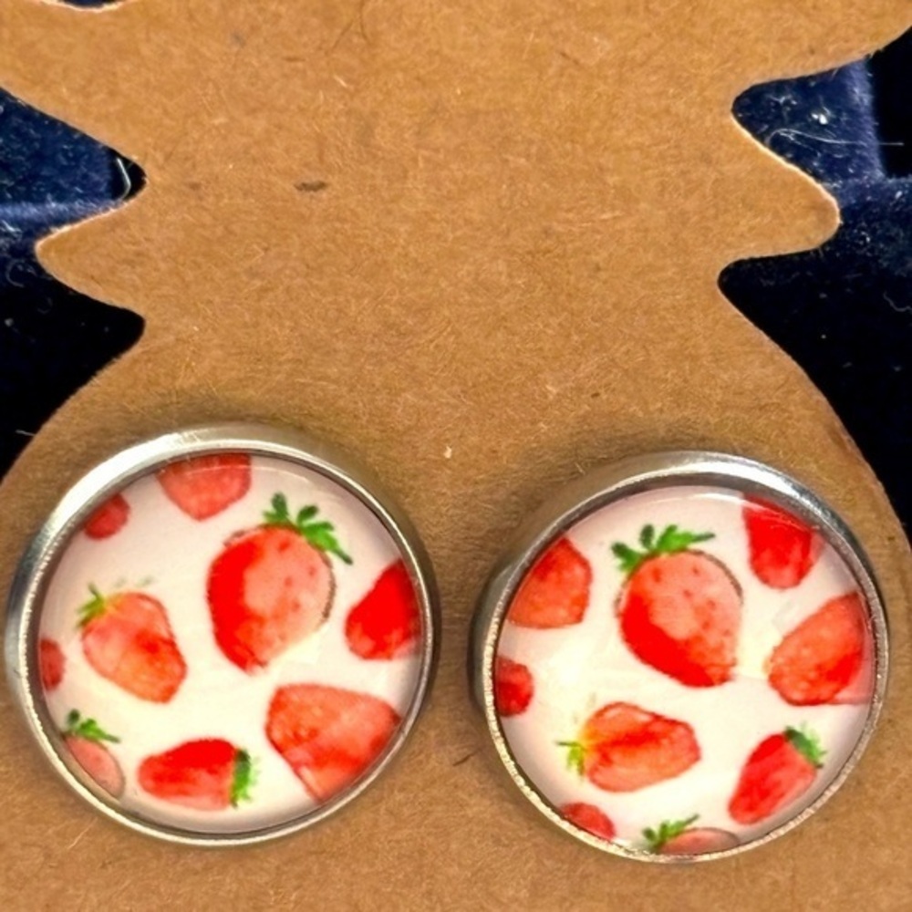 Strawberry Print 12mm Stainless Steel Stud Earrings, NWT, Handmade, Unworn